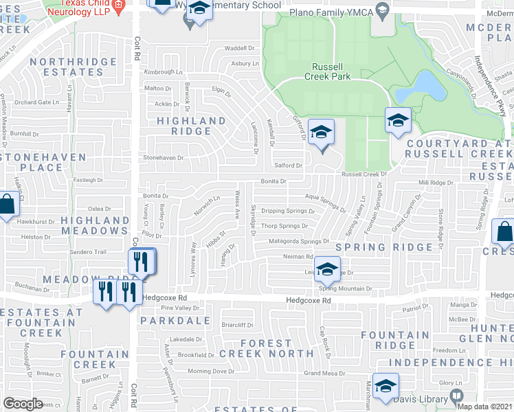 map of restaurants, bars, coffee shops, grocery stores, and more near 3621 Thorp Springs Drive in Plano