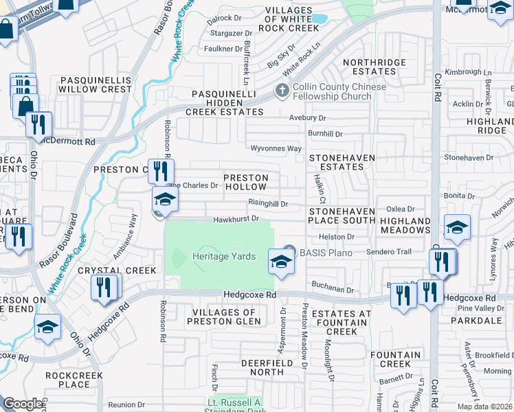 map of restaurants, bars, coffee shops, grocery stores, and more near 4529 Hawkhurst Drive in Plano