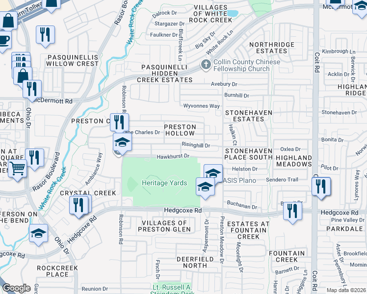 map of restaurants, bars, coffee shops, grocery stores, and more near 4529 Hawkhurst Drive in Plano