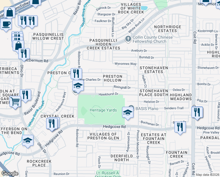 map of restaurants, bars, coffee shops, grocery stores, and more near 4543 Hawkhurst Drive in Plano