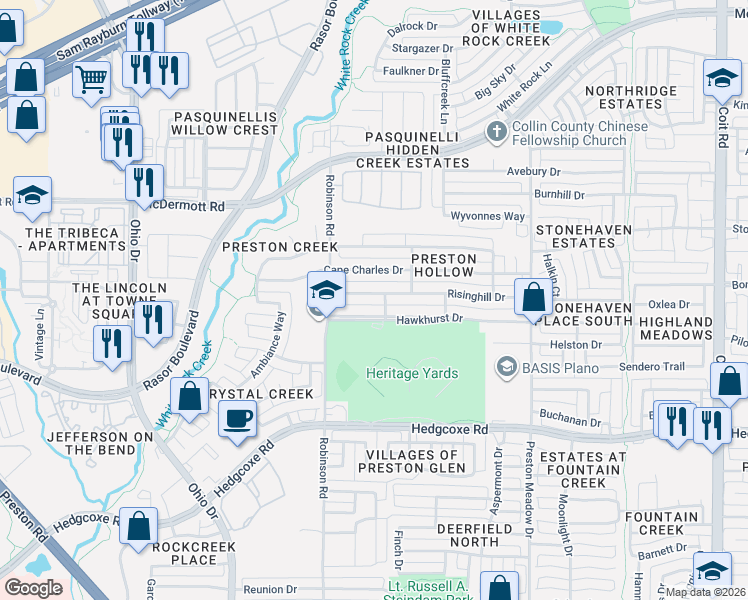 map of restaurants, bars, coffee shops, grocery stores, and more near 4555 Hawkhurst Drive in Plano