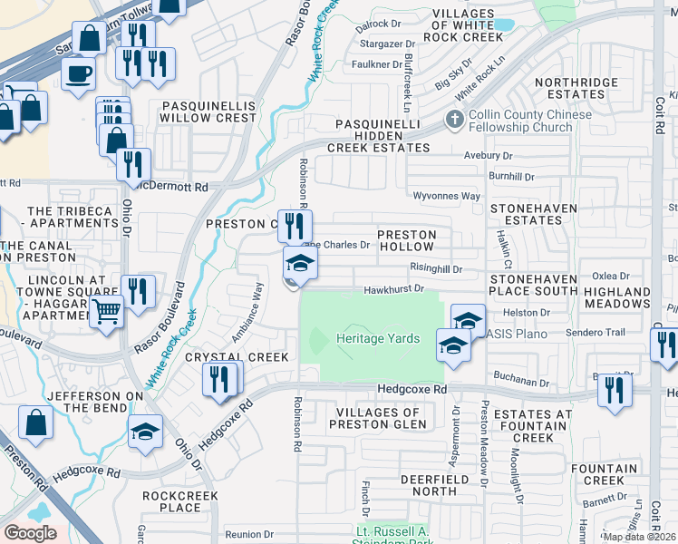 map of restaurants, bars, coffee shops, grocery stores, and more near 4555 Hawkhurst Drive in Plano