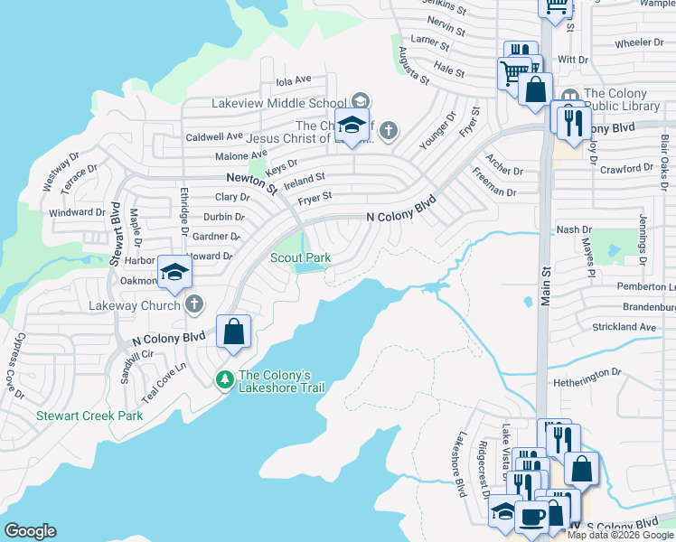 map of restaurants, bars, coffee shops, grocery stores, and more near 4326 Newton Street in The Colony