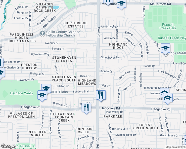 map of restaurants, bars, coffee shops, grocery stores, and more near 4009 Oxlea Drive in Plano