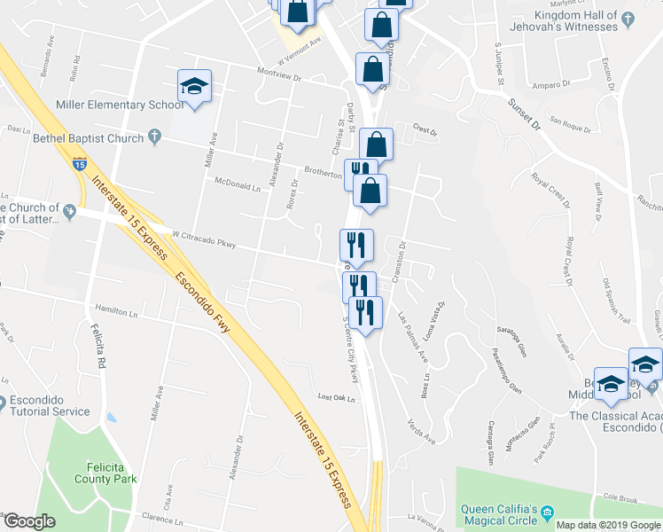 map of restaurants, bars, coffee shops, grocery stores, and more near 409B West Citracado Parkway in Escondido