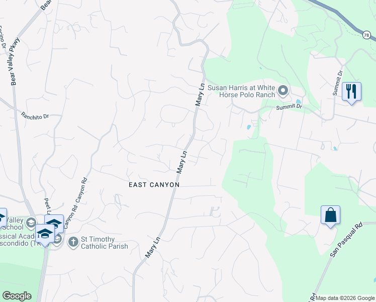 map of restaurants, bars, coffee shops, grocery stores, and more near 2841 Glenview Way in Escondido