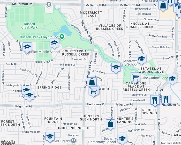 map of restaurants, bars, coffee shops, grocery stores, and more near 2904 Gambel Lane in Plano