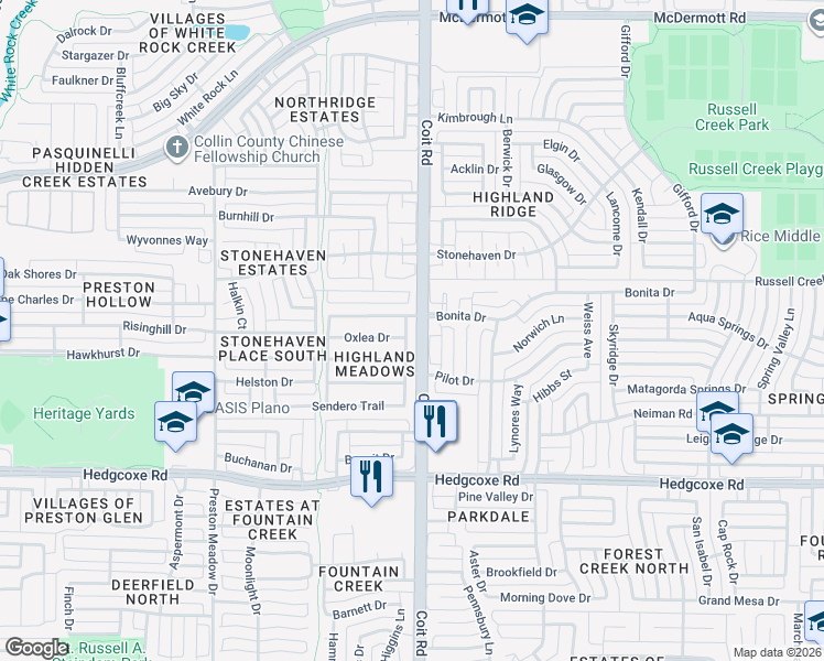 map of restaurants, bars, coffee shops, grocery stores, and more near 4009 Bonita Drive in Plano
