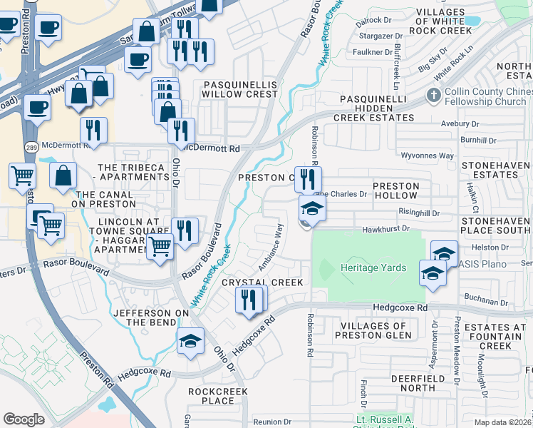 map of restaurants, bars, coffee shops, grocery stores, and more near 4644 Cape Charles Drive in Plano