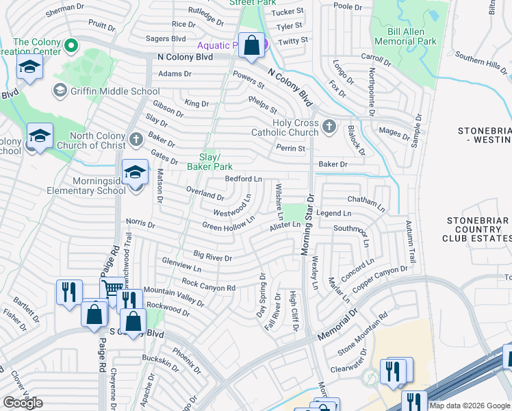 map of restaurants, bars, coffee shops, grocery stores, and more near 5730 Green Hollow Lane in The Colony
