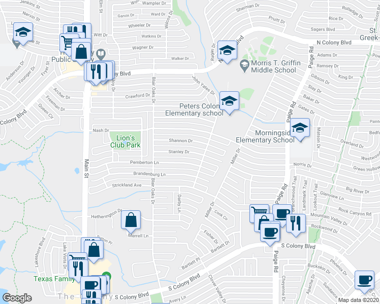 map of restaurants, bars, coffee shops, grocery stores, and more near 5060 Stanley Drive in The Colony
