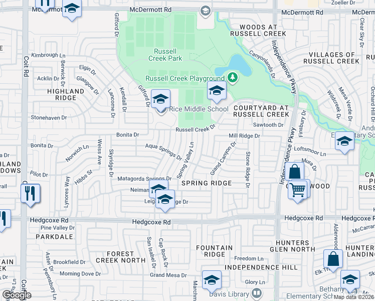 map of restaurants, bars, coffee shops, grocery stores, and more near 8301 Spring Valley Lane in Plano