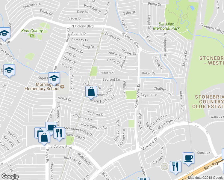 map of restaurants, bars, coffee shops, grocery stores, and more near 5641 Westwood Lane in The Colony