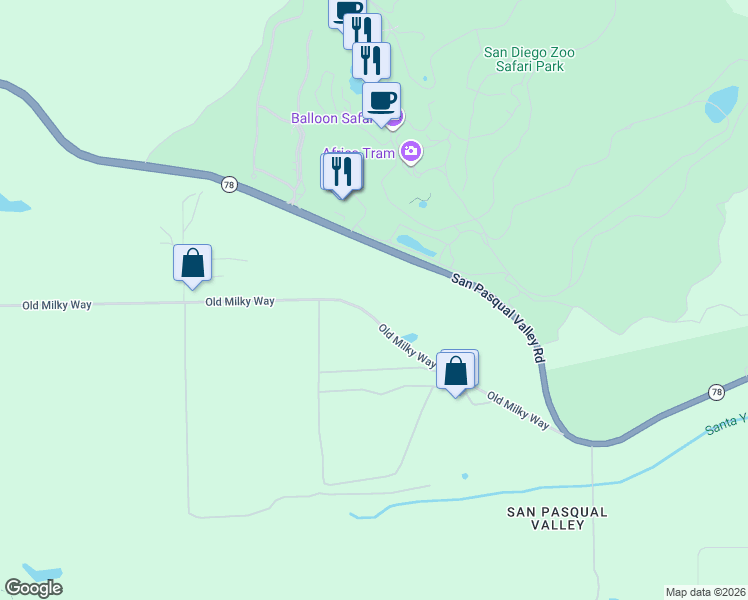 map of restaurants, bars, coffee shops, grocery stores, and more near 15666 Old Milky Way in Escondido
