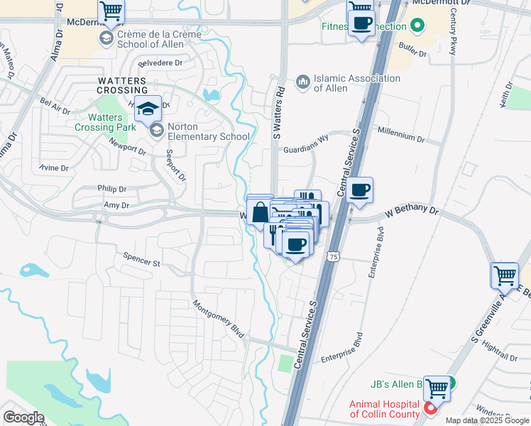 map of restaurants, bars, coffee shops, grocery stores, and more near 907 West Bethany Drive in Allen