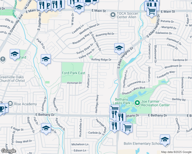 map of restaurants, bars, coffee shops, grocery stores, and more near 1023 Monroe Street in Allen