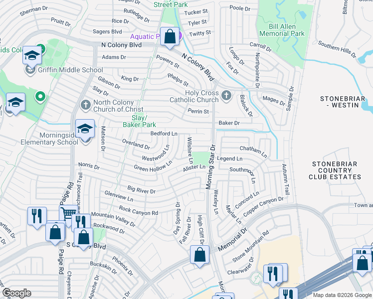 map of restaurants, bars, coffee shops, grocery stores, and more near 5752 Crestwood Lane in The Colony