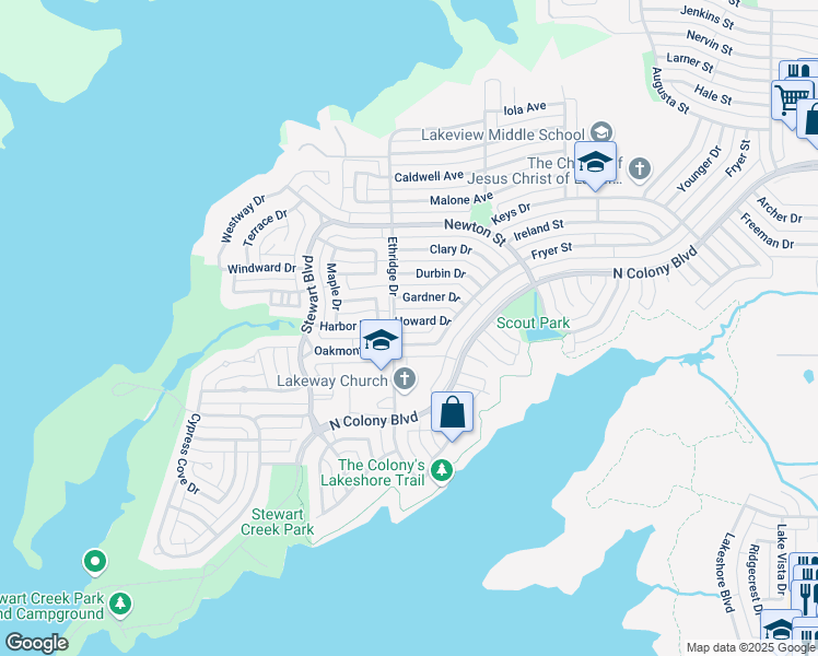 map of restaurants, bars, coffee shops, grocery stores, and more near 4112 Howard Drive in The Colony