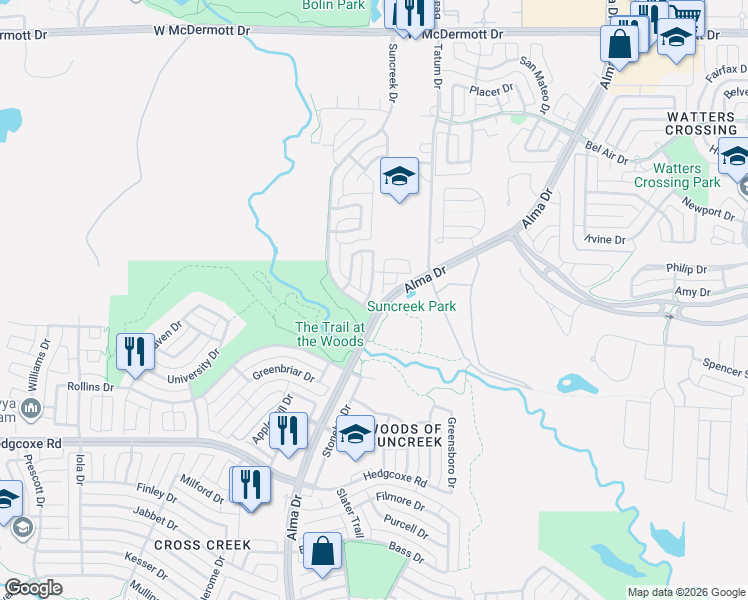 map of restaurants, bars, coffee shops, grocery stores, and more near 521 Colgate Drive in Allen