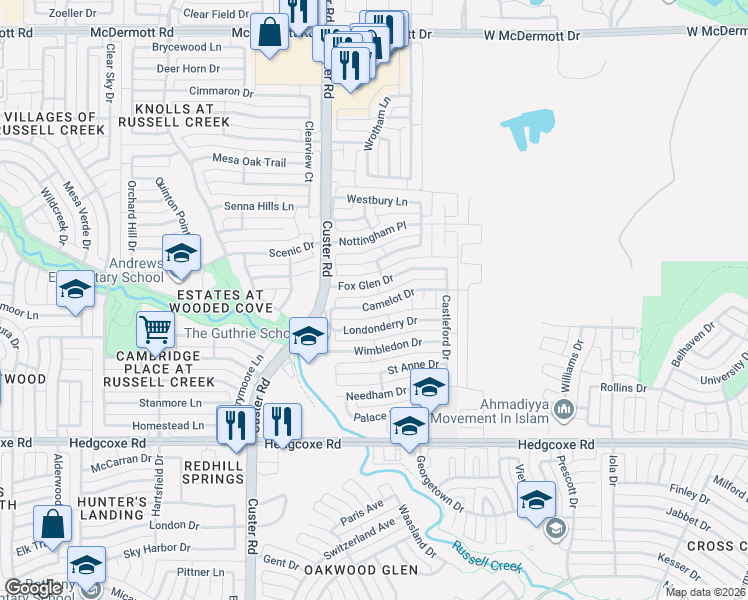 map of restaurants, bars, coffee shops, grocery stores, and more near 2035 Fox Glen Drive in Allen