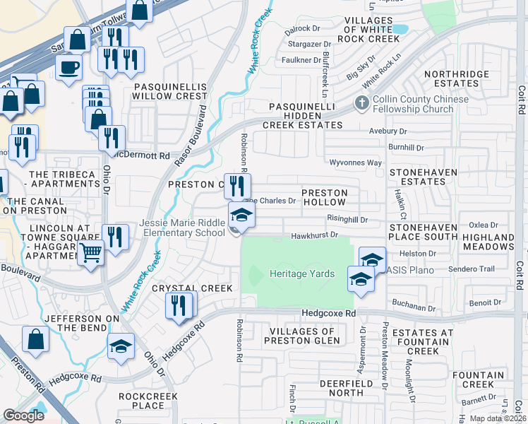 map of restaurants, bars, coffee shops, grocery stores, and more near 4568 Cape Charles Drive in Plano