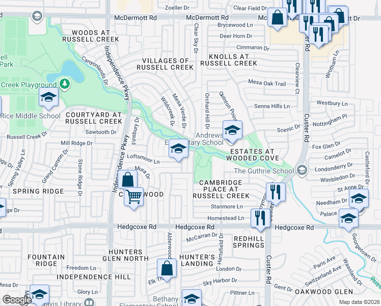 map of restaurants, bars, coffee shops, grocery stores, and more near 8309 Sutherland Lane in Plano
