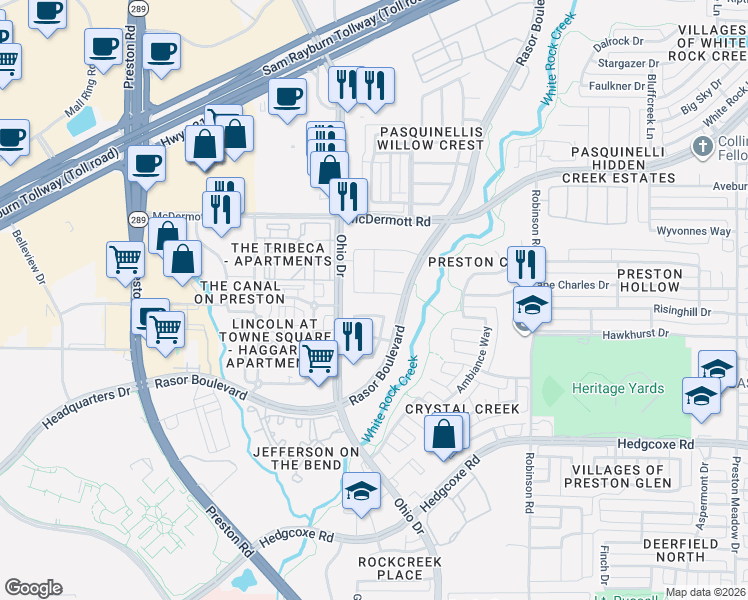 map of restaurants, bars, coffee shops, grocery stores, and more near 4616 United Lane in Plano