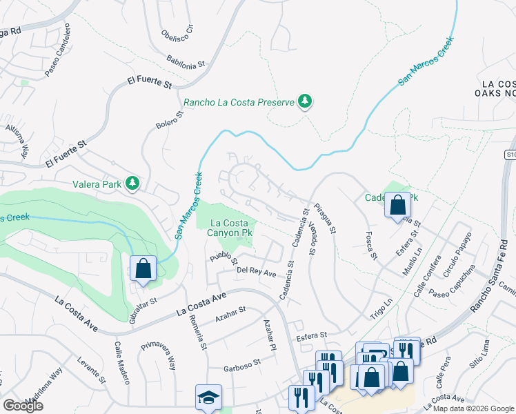 map of restaurants, bars, coffee shops, grocery stores, and more near 3111 Calle Fuego in Carlsbad
