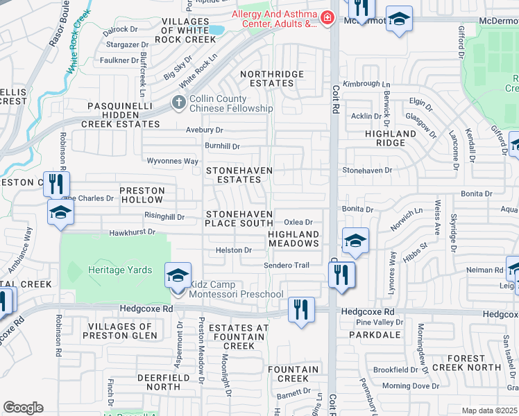 map of restaurants, bars, coffee shops, grocery stores, and more near 4125 Bonita Drive in Plano