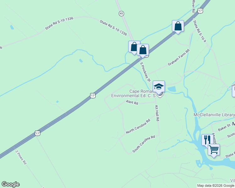 map of restaurants, bars, coffee shops, grocery stores, and more near 10025 Hercules Road in McClellanville