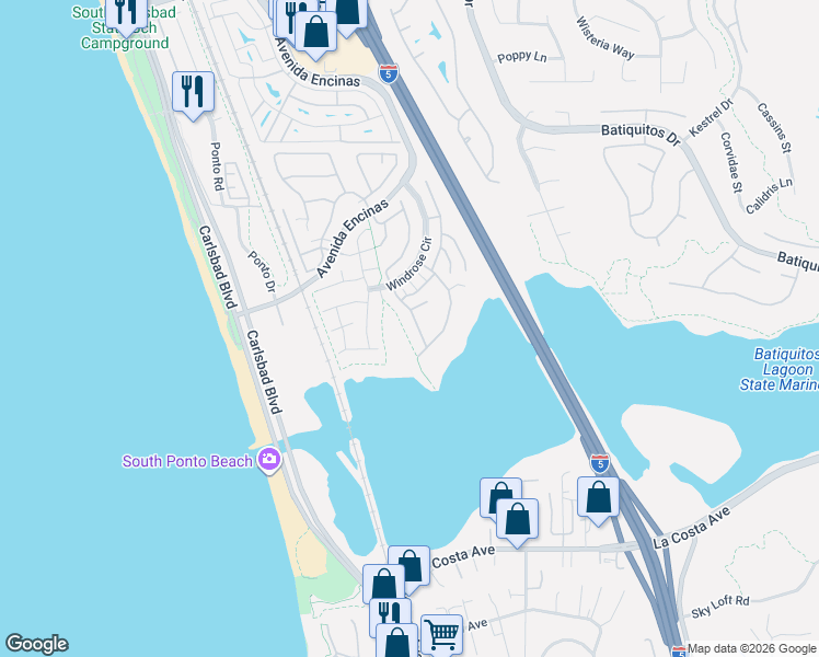 map of restaurants, bars, coffee shops, grocery stores, and more near 7583 Navigator Circle in Carlsbad