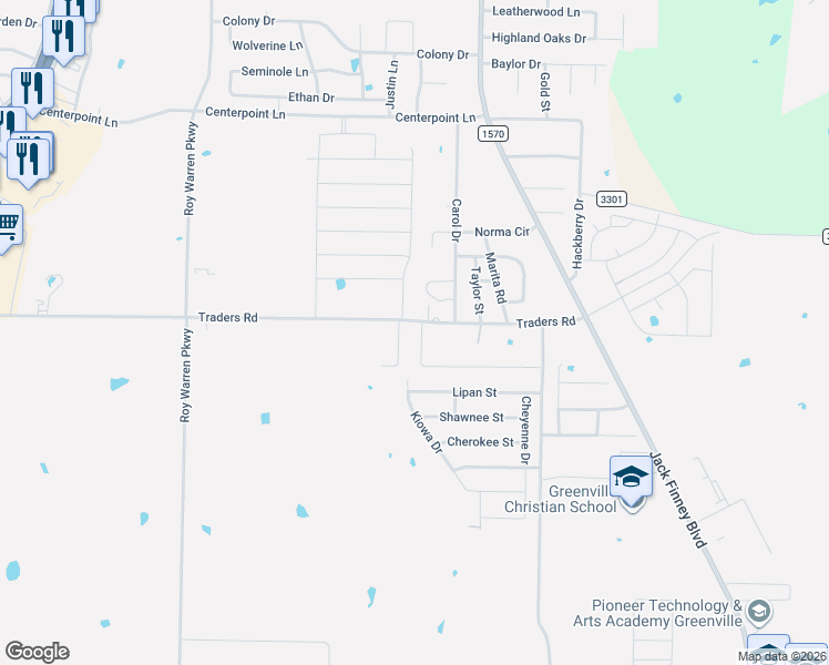 map of restaurants, bars, coffee shops, grocery stores, and more near 606 Traders Road in Greenville