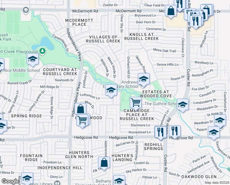 map of restaurants, bars, coffee shops, grocery stores, and more near 8313 Novaro Drive in Plano