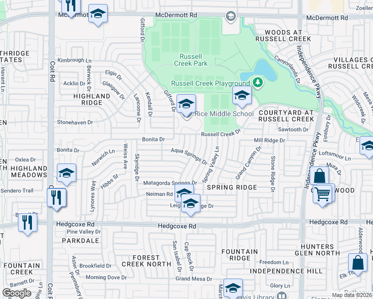 map of restaurants, bars, coffee shops, grocery stores, and more near 8201 Sand Ridge Drive in Plano