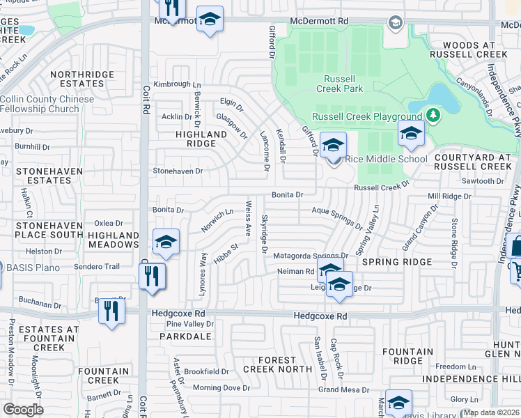 map of restaurants, bars, coffee shops, grocery stores, and more near 8308 Weiss Avenue in Plano