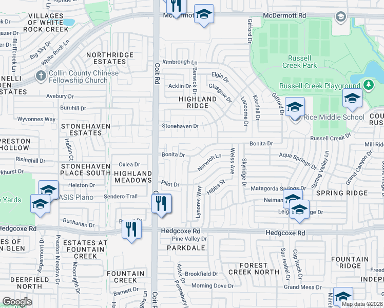 map of restaurants, bars, coffee shops, grocery stores, and more near 3821 Bonita Drive in Plano