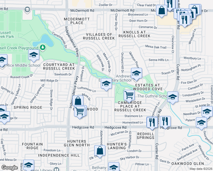 map of restaurants, bars, coffee shops, grocery stores, and more near 8313 Novaro Drive in Plano