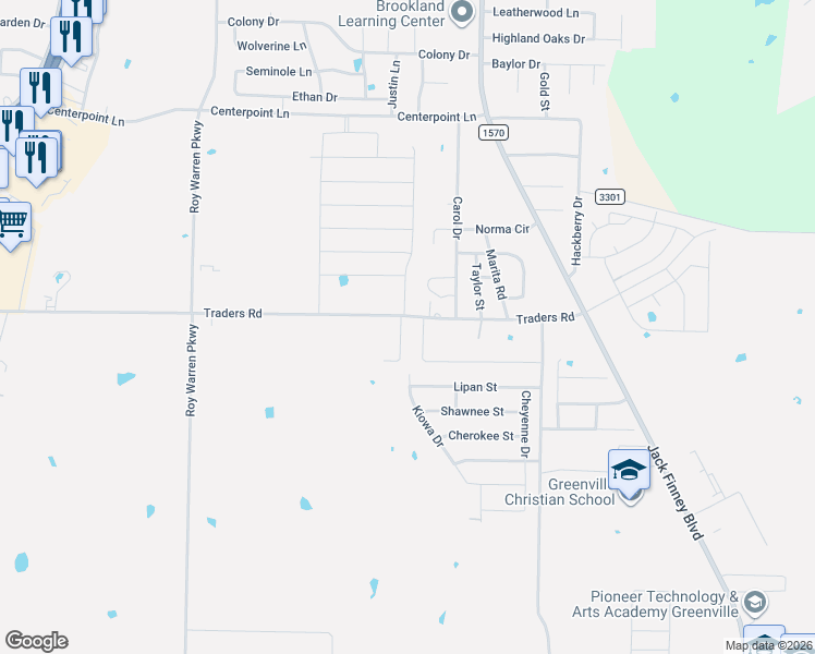 map of restaurants, bars, coffee shops, grocery stores, and more near 606 Traders Road in Greenville
