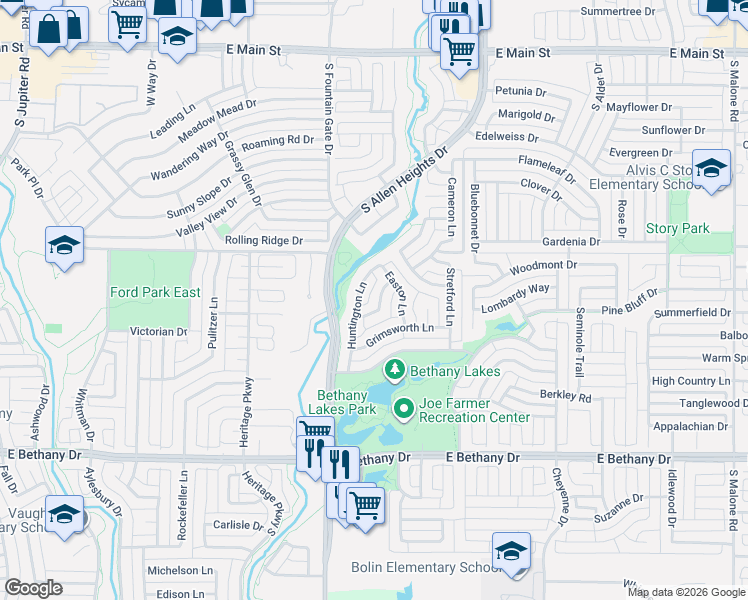 map of restaurants, bars, coffee shops, grocery stores, and more near 603 Herefordshire Lane in Allen