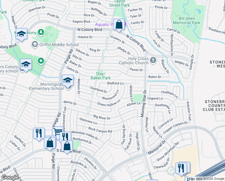 map of restaurants, bars, coffee shops, grocery stores, and more near 5649 Overland Drive in The Colony