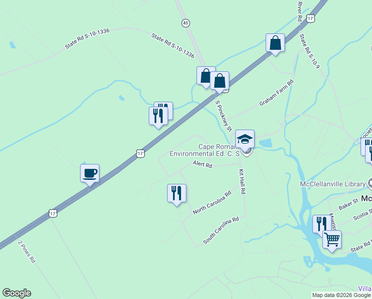 map of restaurants, bars, coffee shops, grocery stores, and more near 10025 Hercules Road in McClellanville