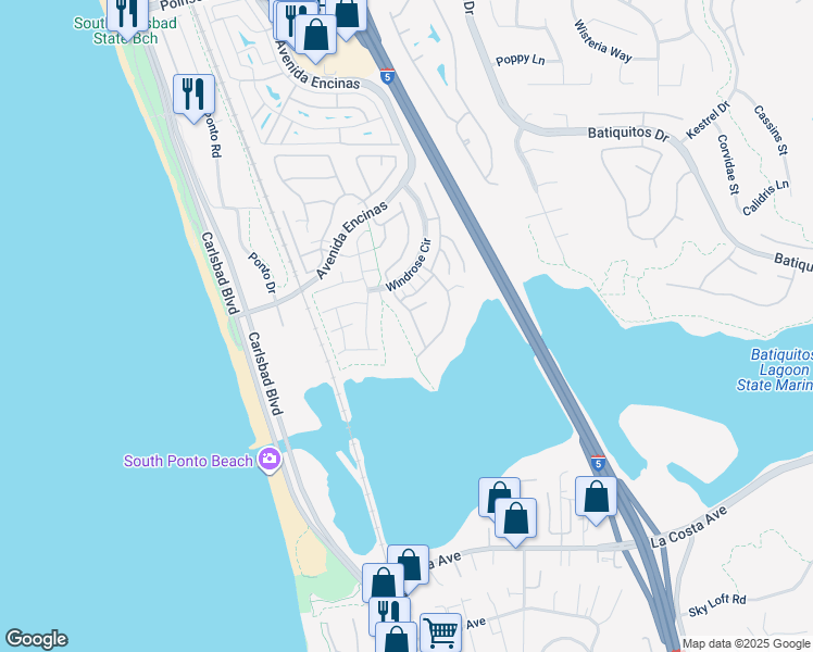 map of restaurants, bars, coffee shops, grocery stores, and more near 7583 Navigator Circle in Carlsbad