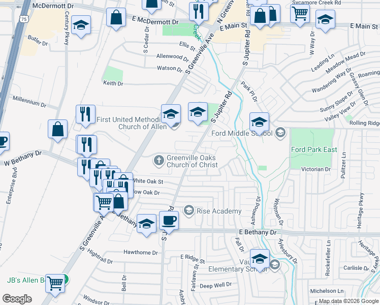 map of restaurants, bars, coffee shops, grocery stores, and more near 560 Prestige Circle in Allen