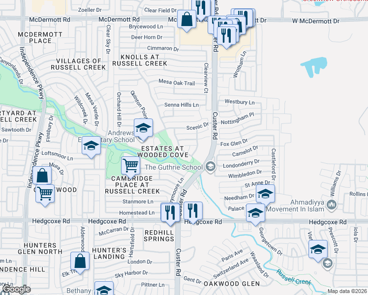 map of restaurants, bars, coffee shops, grocery stores, and more near 8313 Barber Oak Drive in Plano
