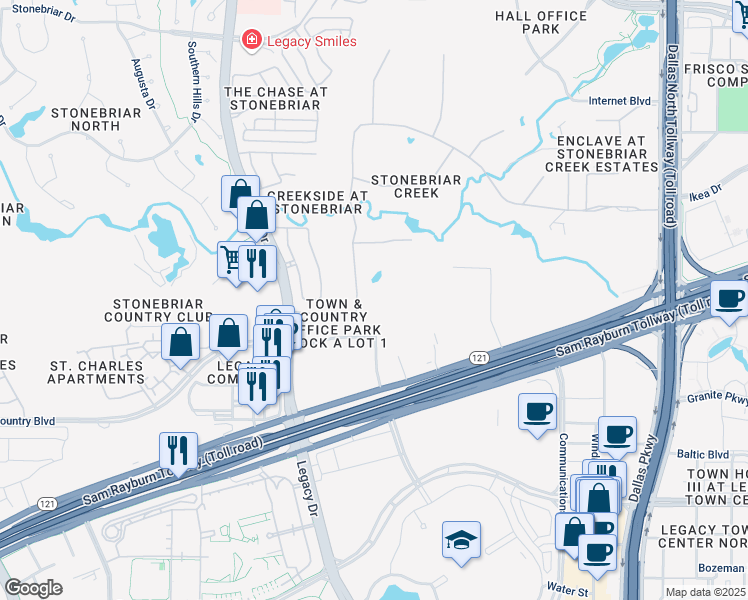 map of restaurants, bars, coffee shops, grocery stores, and more near 35 Stonebriar Way in Frisco