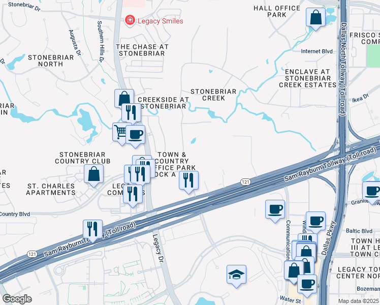 map of restaurants, bars, coffee shops, grocery stores, and more near 35 Stonebriar Way in Frisco