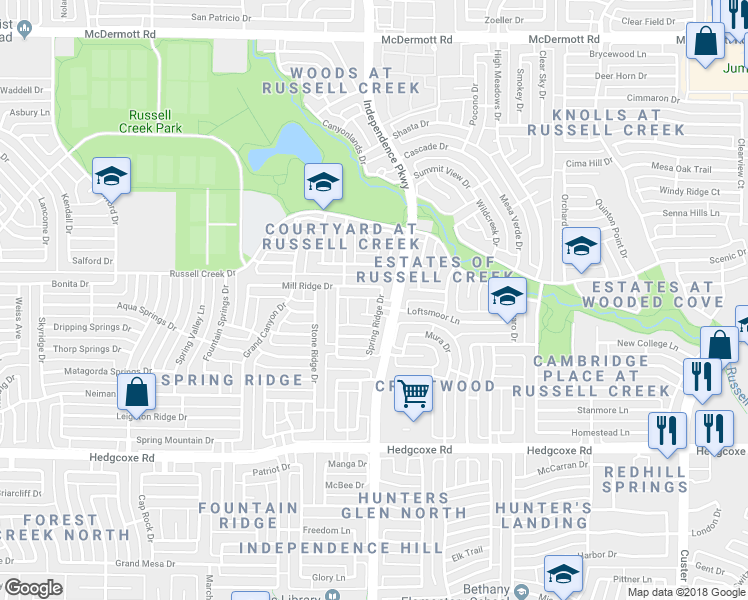 map of restaurants, bars, coffee shops, grocery stores, and more near 8305 Spring Ridge Drive in Plano