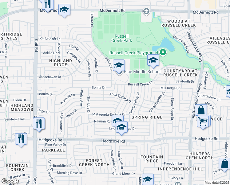 map of restaurants, bars, coffee shops, grocery stores, and more near 8201 Sand Ridge Drive in Plano