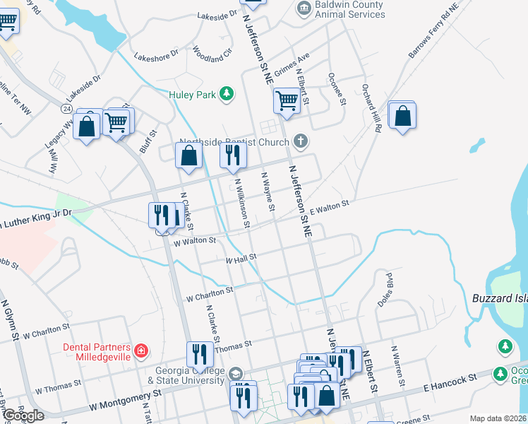 map of restaurants, bars, coffee shops, grocery stores, and more near 820 North Wayne Street in Milledgeville