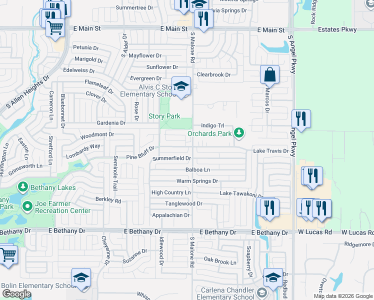 map of restaurants, bars, coffee shops, grocery stores, and more near 1526 Pine Bluff Drive in Allen